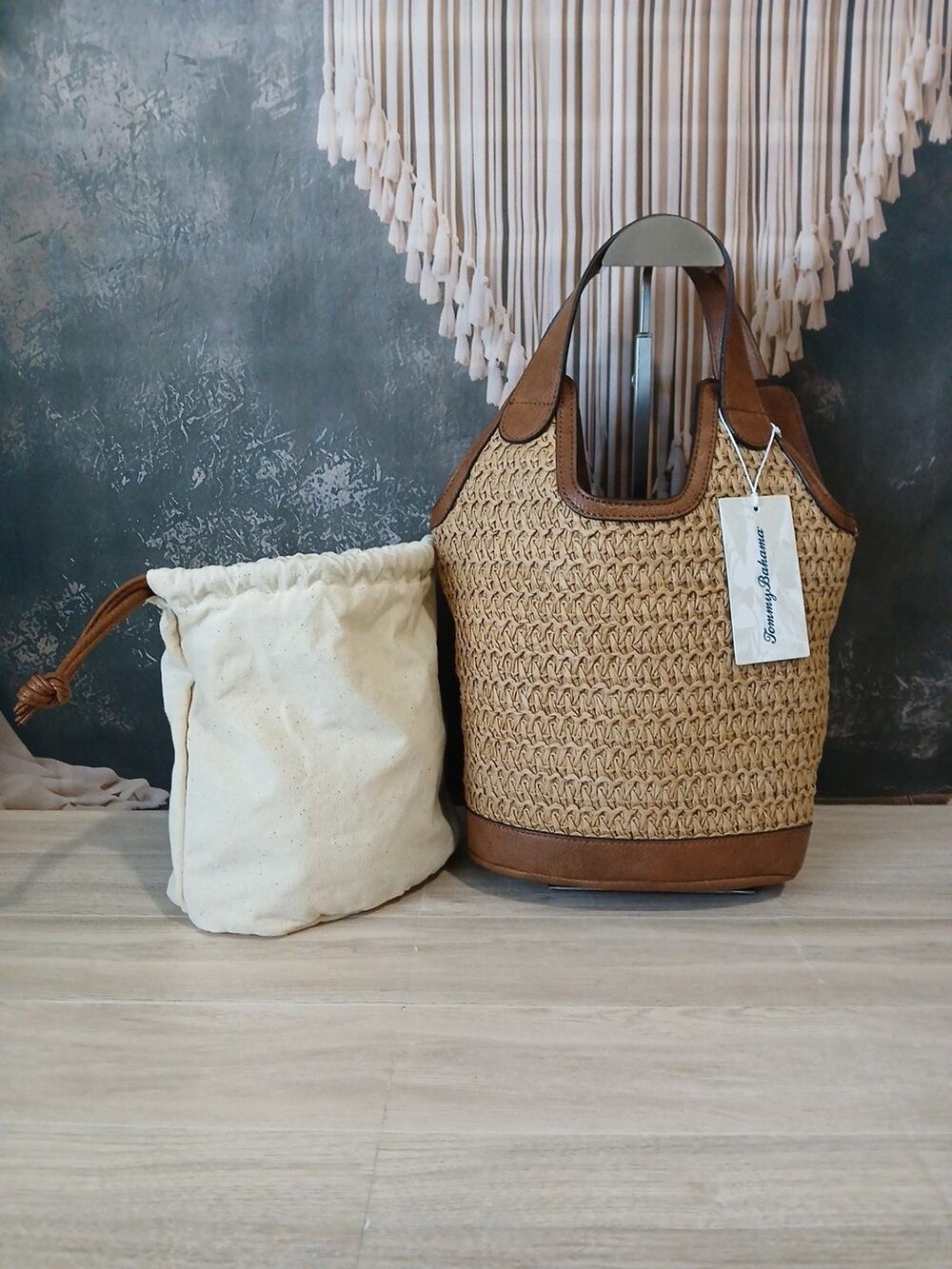 Tommy Bahama Woven Bucket Bag Purse Tote Removable Inner Pouch Natural Straw - Picture 1 of 13